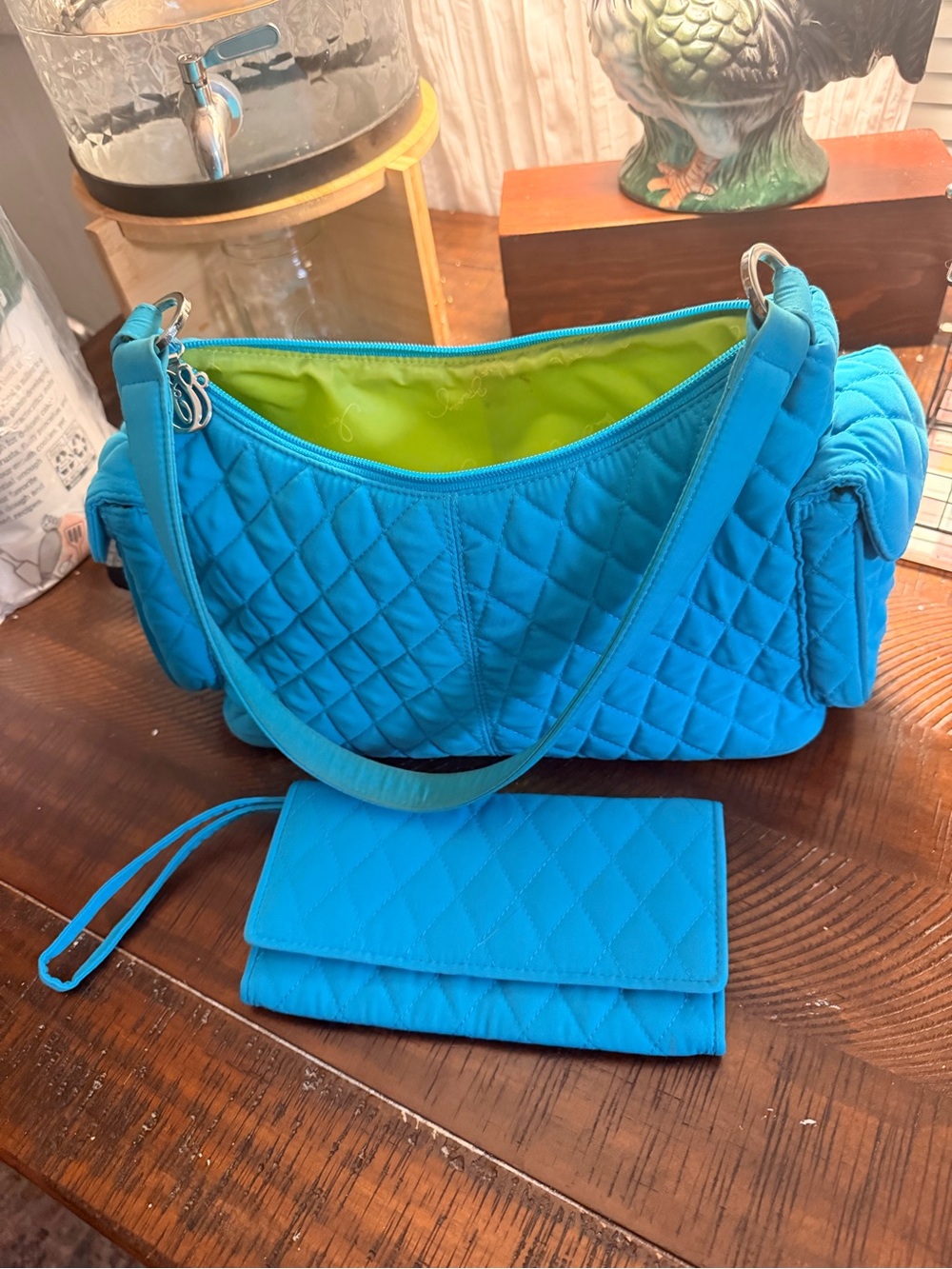 Vera Bradley Quilted Teal Shoulder Bag with Matching Wristlet